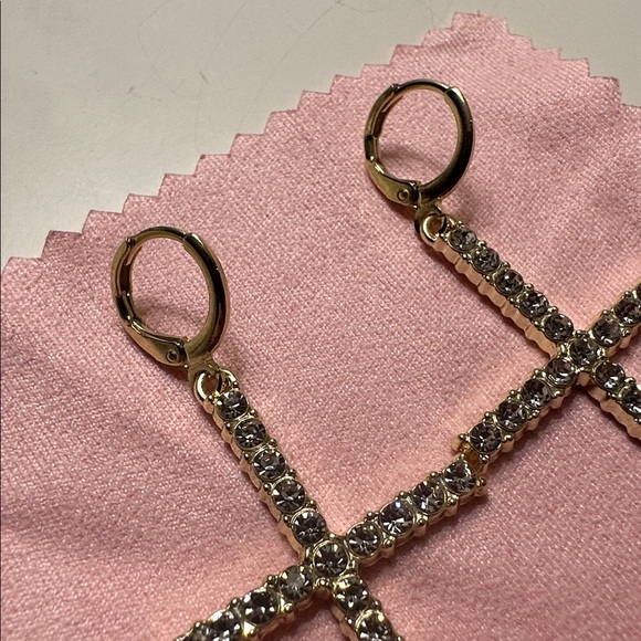 Gold and Rhinestone Cross Earrings - Picture 5 of 16